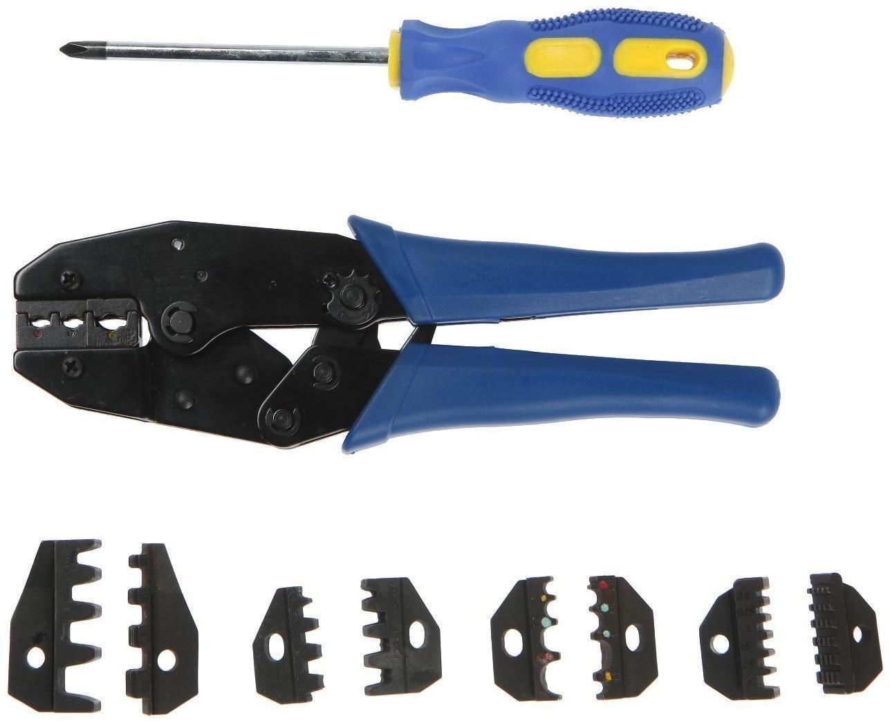 Пресс-клещи в сумке ТУНДРА, 5 матриц + отвертка, для опрессовки наконечников проводов