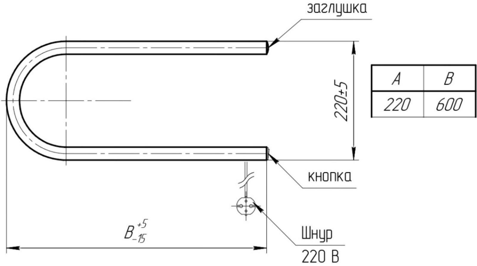 Полотенцесушитель электрический ТЕРА, П-образный, 220х600 мм, d=25