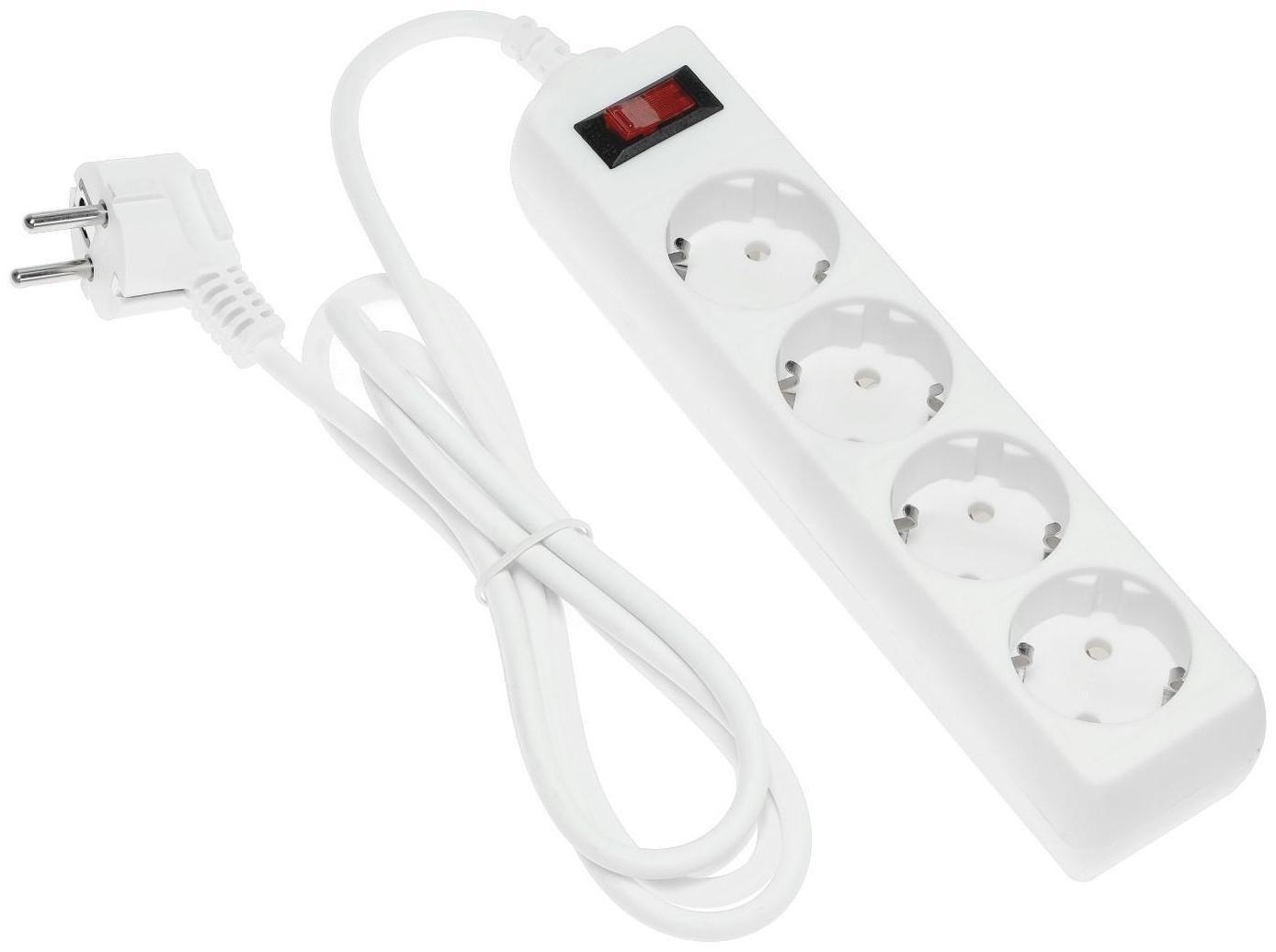 Сетевой фильтр Luazon Lighting, 4 розетки, 1.8 м, 2200 Вт, 3 х 0.75 мм2, 10 А, 220 В, белый