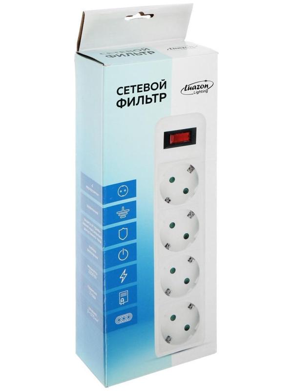 Сетевой фильтр Luazon Lighting, 4 розетки, 1.8 м, 2200 Вт, 3 х 0.75 мм2, 10 А, 220 В, белый