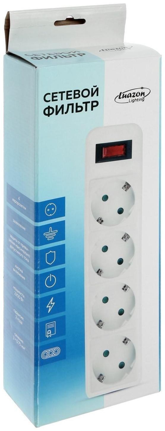 Сетевой фильтр Luazon Lighting, 4 розетки, 1.8 м, 2200 Вт, 3 х 0.75 мм2, 10 А, 220 В, черный