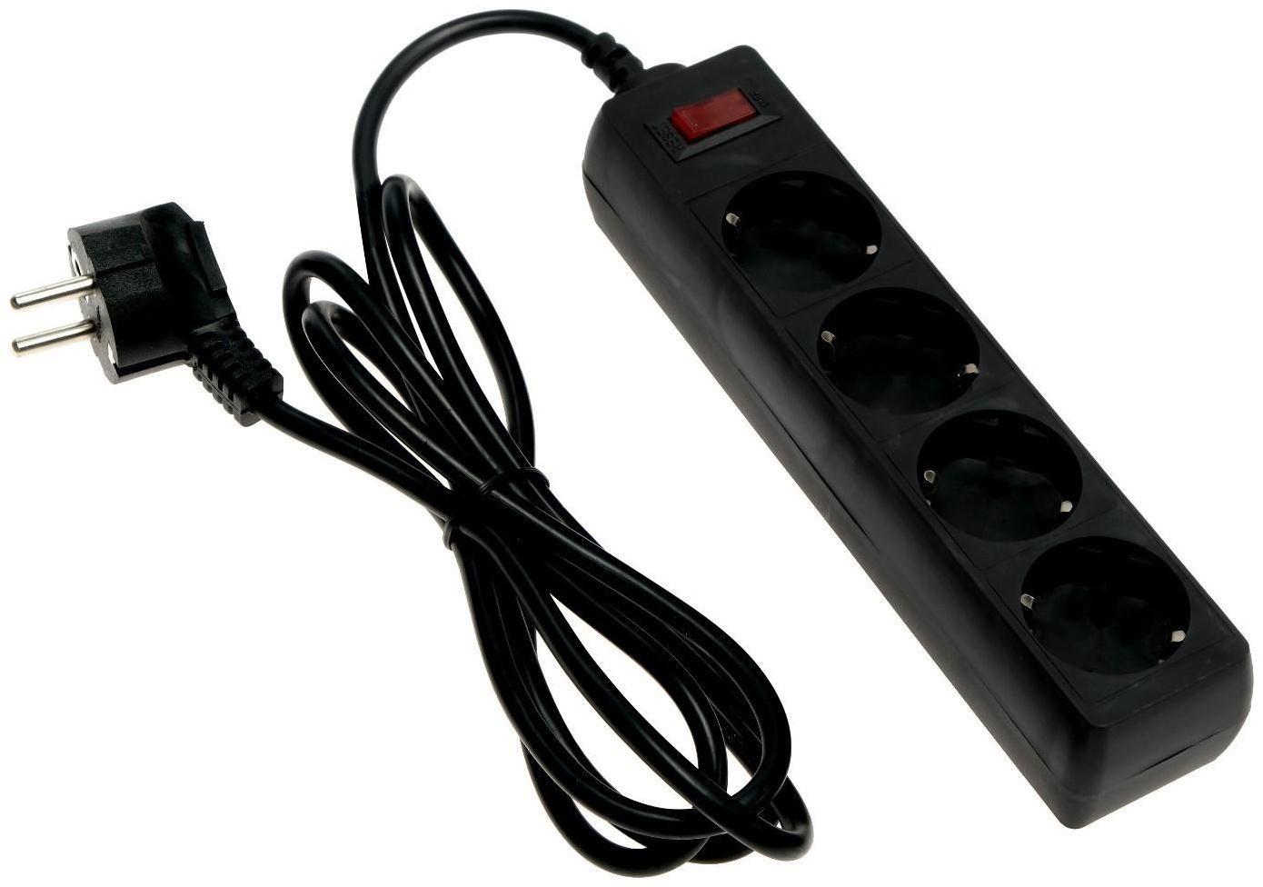 Сетевой фильтр Luazon Lighting, 4 розетки, 1.8 м, 2200 Вт, 3 х 0.75 мм2, 10 А, 220 В, черный