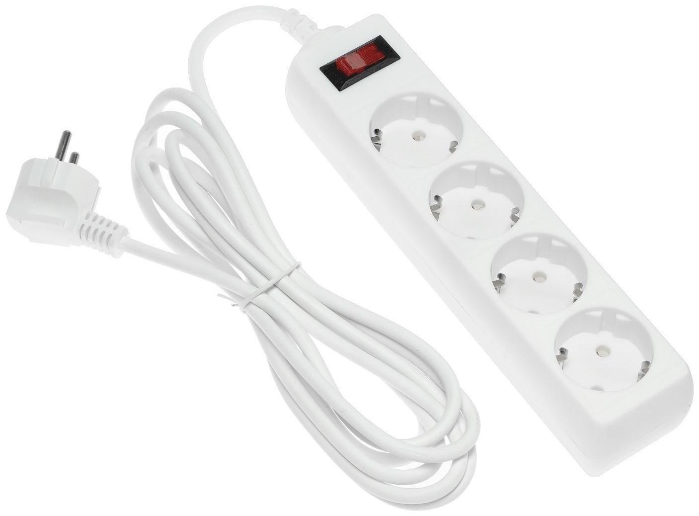 Сетевой фильтр Luazon Lighting, 4 розетки, 3 м, 2200 Вт, 3 х 0.75 мм2, 10 А, 220 В, белый