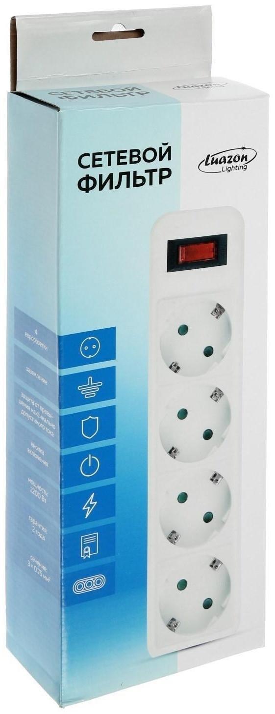 Сетевой фильтр Luazon Lighting, 4 розетки, 3 м, 2200 Вт, 3 х 0.75 мм2, 10 А, 220 В, белый