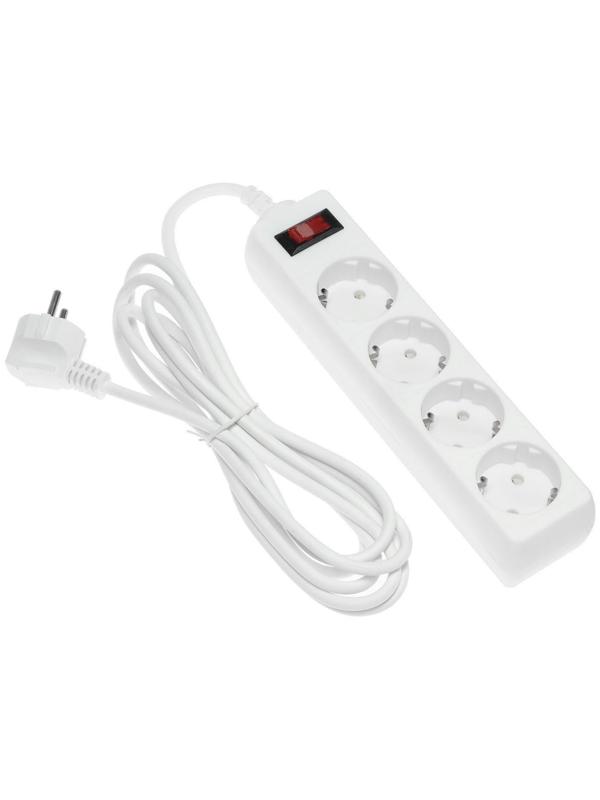 Сетевой фильтр Luazon Lighting, 4 розетки, 3 м, 2200 Вт, 3 х 0.75 мм2, 10 А, 220 В, белый