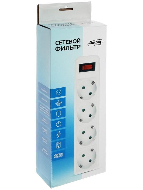 Сетевой фильтр Luazon Lighting, 4 розетки, 3 м, 2200 Вт, 3 х 0.75 мм2, 10 А, 220 В, белый