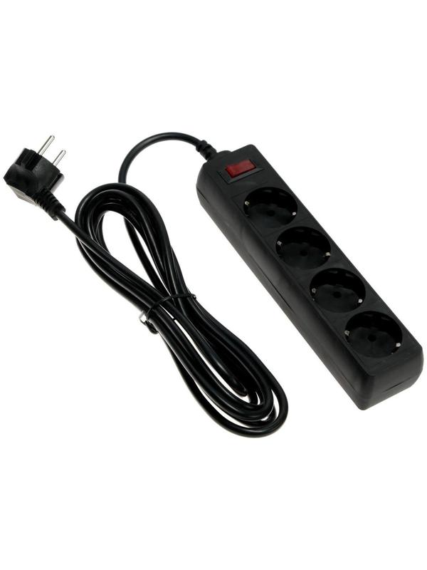 Сетевой фильтр Luazon Lighting, 4 розетки, 3 м, 2200 Вт, 3 х 0.75 мм2, 10 А, 220 В, черный