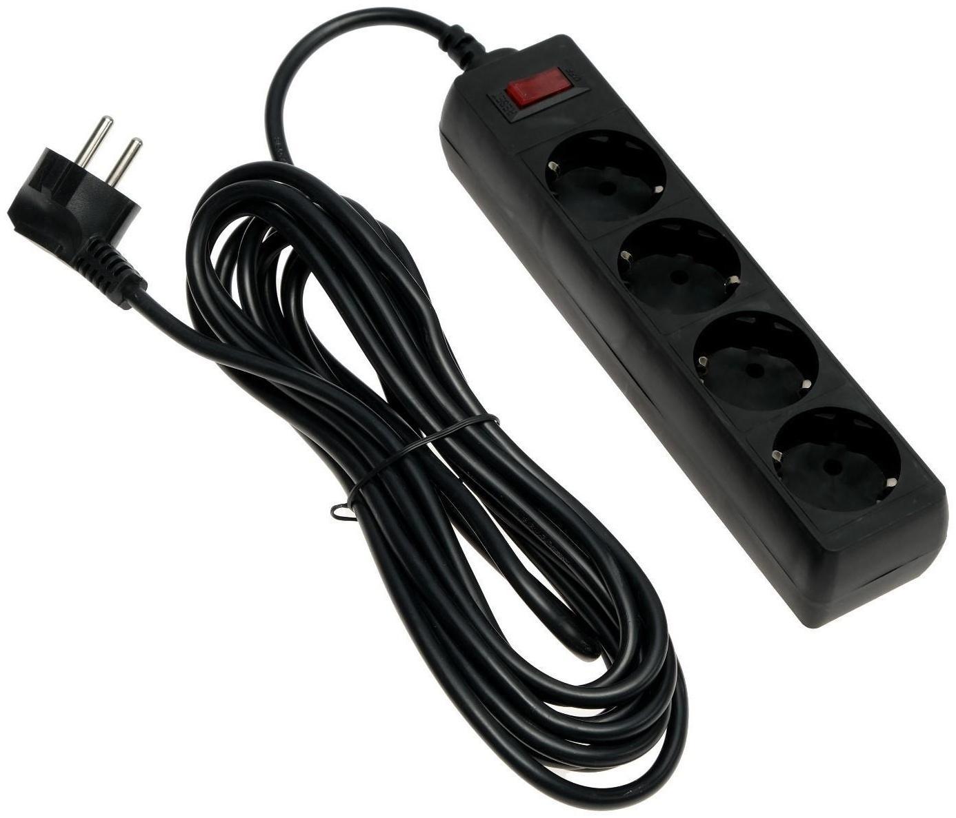 Сетевой фильтр Luazon Lighting, 4 розетки, 5 м, 2200 Вт, 3 х 0.75 мм2, 10 А, 220 В, черный
