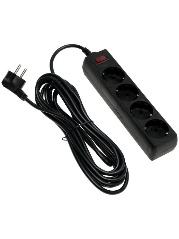 Сетевой фильтр Luazon Lighting, 4 розетки, 5 м, 2200 Вт, 3 х 0.75 мм2, 10 А, 220 В, черный