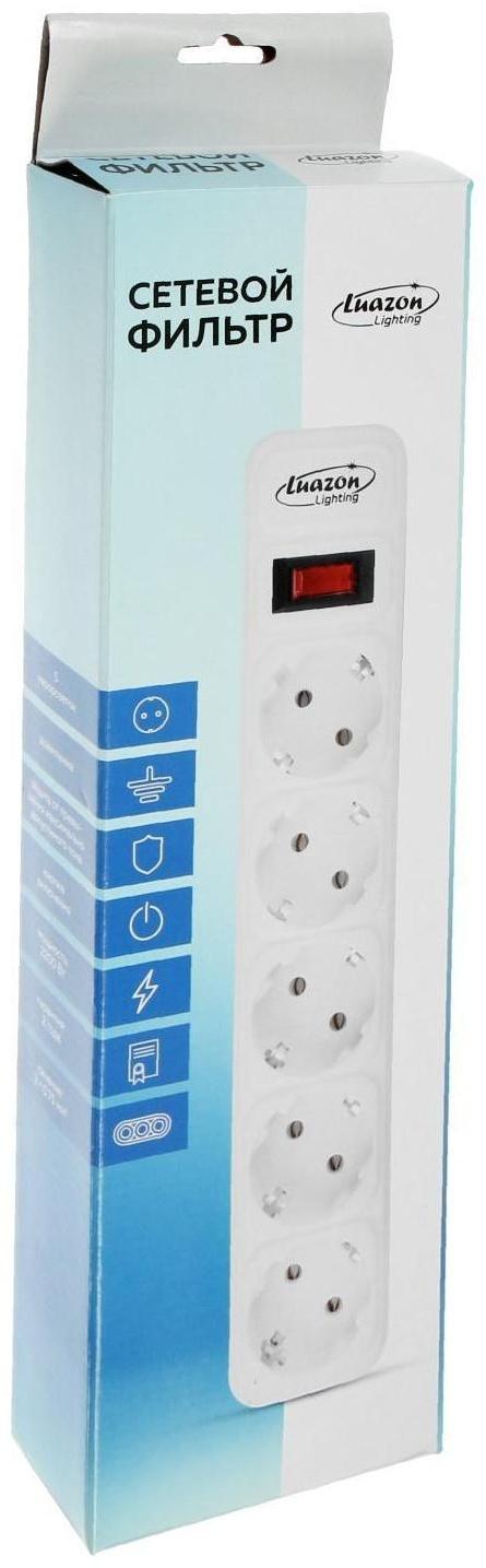 Сетевой фильтр Luazon Lighting, 5 розеток, 3 м, 2200 Вт, 3 х 0.75 мм2, 10 А, 220 В, белый