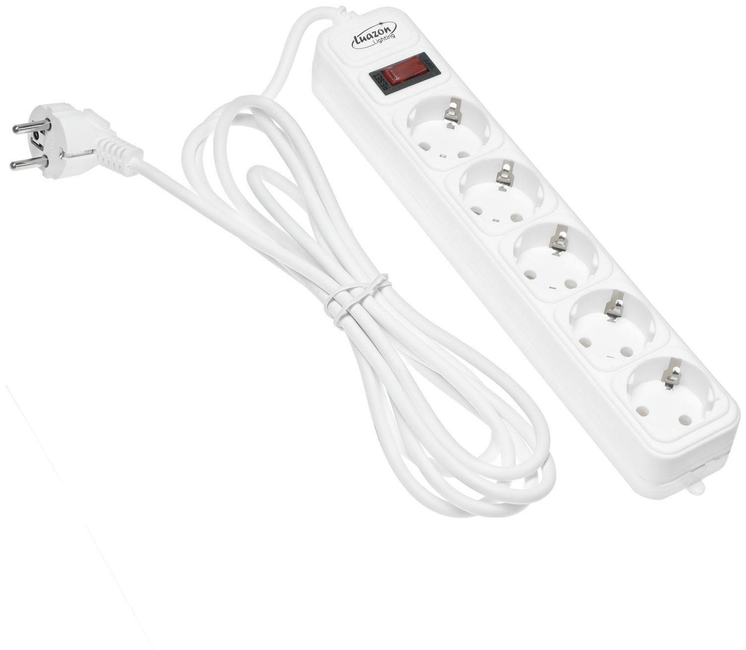 Сетевой фильтр Luazon Lighting, 5 розеток, 3 м, 2200 Вт, 3 х 0.75 мм2, 10 А, 220 В, белый