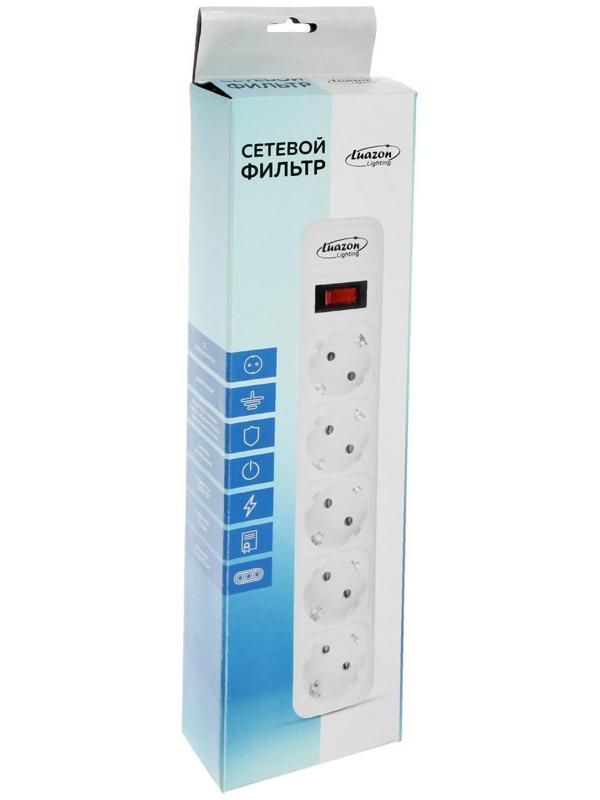 Сетевой фильтр Luazon Lighting, 5 розеток, 3 м, 2200 Вт, 3 х 0.75 мм2, 10 А, 220 В, белый