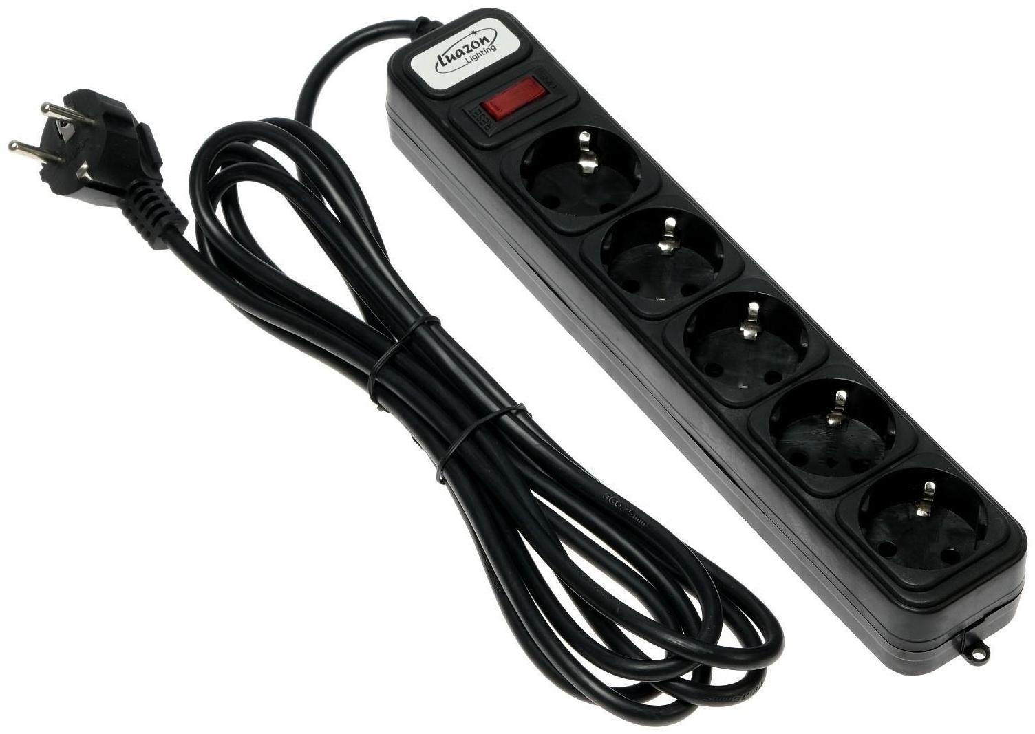 Сетевой фильтр Luazon Lighting, 5 розеток, 3 м, 2200 Вт, 3 х 0.75 мм2, 10 А, 220 В, черный