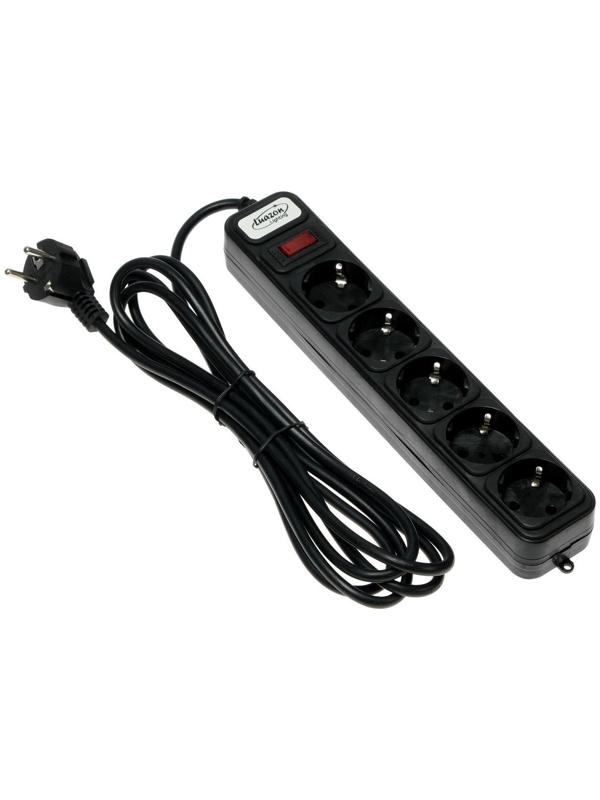Сетевой фильтр Luazon Lighting, 5 розеток, 3 м, 2200 Вт, 3 х 0.75 мм2, 10 А, 220 В, черный