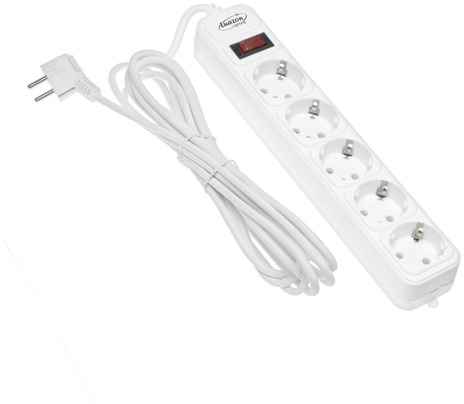 Сетевой фильтр Luazon Lighting, 5 розеток, 5 м, 2200 Вт, 3 х 0.75 мм2, 10 А, 220 В, белый