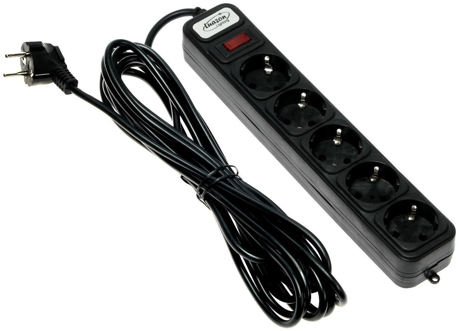Сетевой фильтр Luazon Lighting, 5 розеток, 5 м, 2200 Вт, 3 х 0.75 мм2, 10 А, 220 В, черный