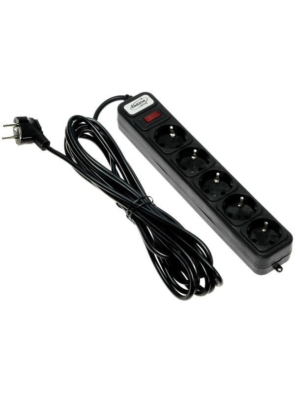 Сетевой фильтр Luazon Lighting, 5 розеток, 5 м, 2200 Вт, 3 х 0.75 мм2, 10 А, 220 В, черный