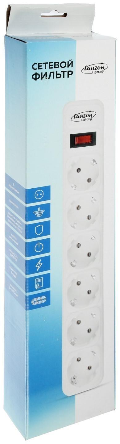 Сетевой фильтр Luazon Lighting, 6 розеток, 1.8 м, 2200 Вт, 3 х 0.75 мм2, 10 А, 220 В, белый