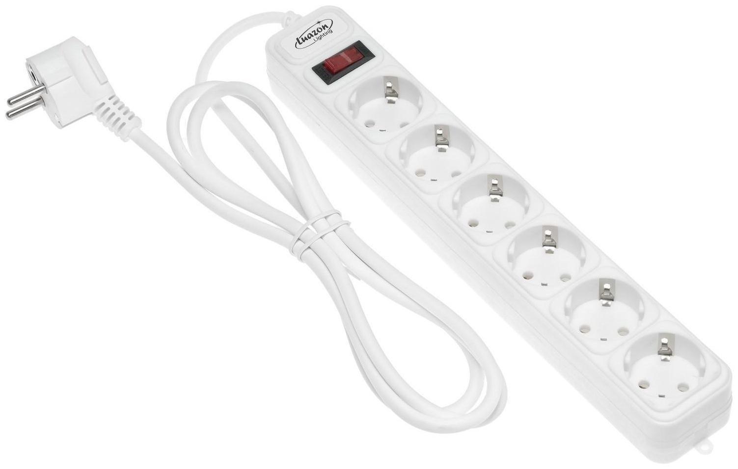 Сетевой фильтр Luazon Lighting, 6 розеток, 1.8 м, 2200 Вт, 3 х 0.75 мм2, 10 А, 220 В, белый