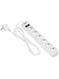 Сетевой фильтр Luazon Lighting, 6 розеток, 1.8 м, 2200 Вт, 3 х 0.75 мм2, 10 А, 220 В, белый