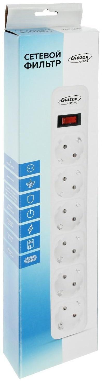 Сетевой фильтр Luazon Lighting, 6 розеток, 1.8 м, 2200 Вт, 3 х 0.75 мм2, 10 А, 220 В, черный