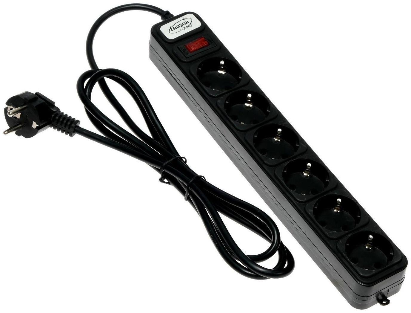 Сетевой фильтр Luazon Lighting, 6 розеток, 1.8 м, 2200 Вт, 3 х 0.75 мм2, 10 А, 220 В, черный