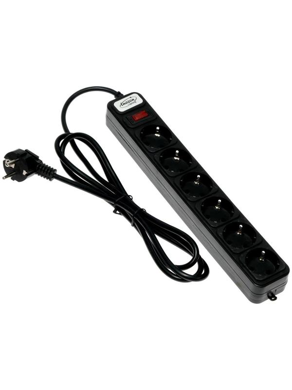Сетевой фильтр Luazon Lighting, 6 розеток, 1.8 м, 2200 Вт, 3 х 0.75 мм2, 10 А, 220 В, черный
