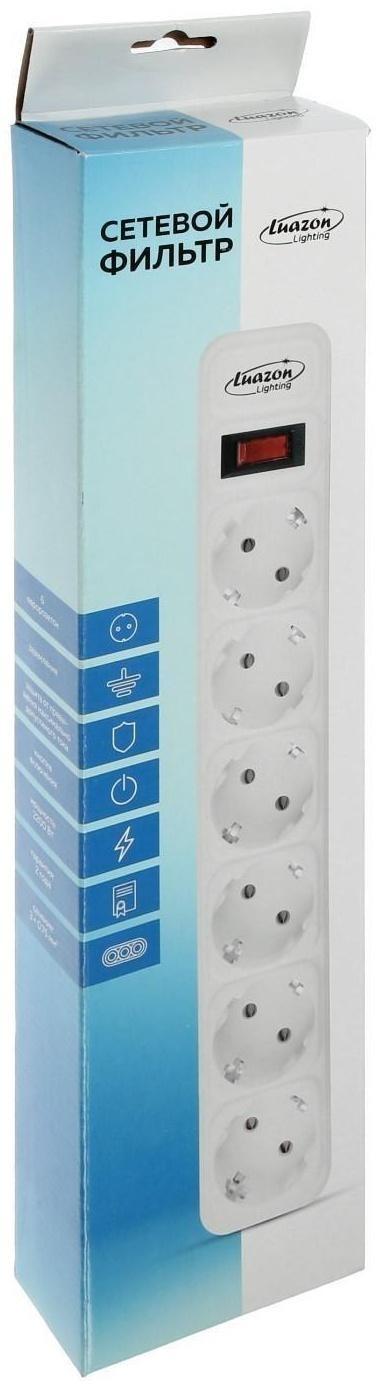 Сетевой фильтр Luazon Lighting, 6 розеток, 3 м, 2200 Вт, 3 х 0.75 мм2, 10 А, 220 В, черный