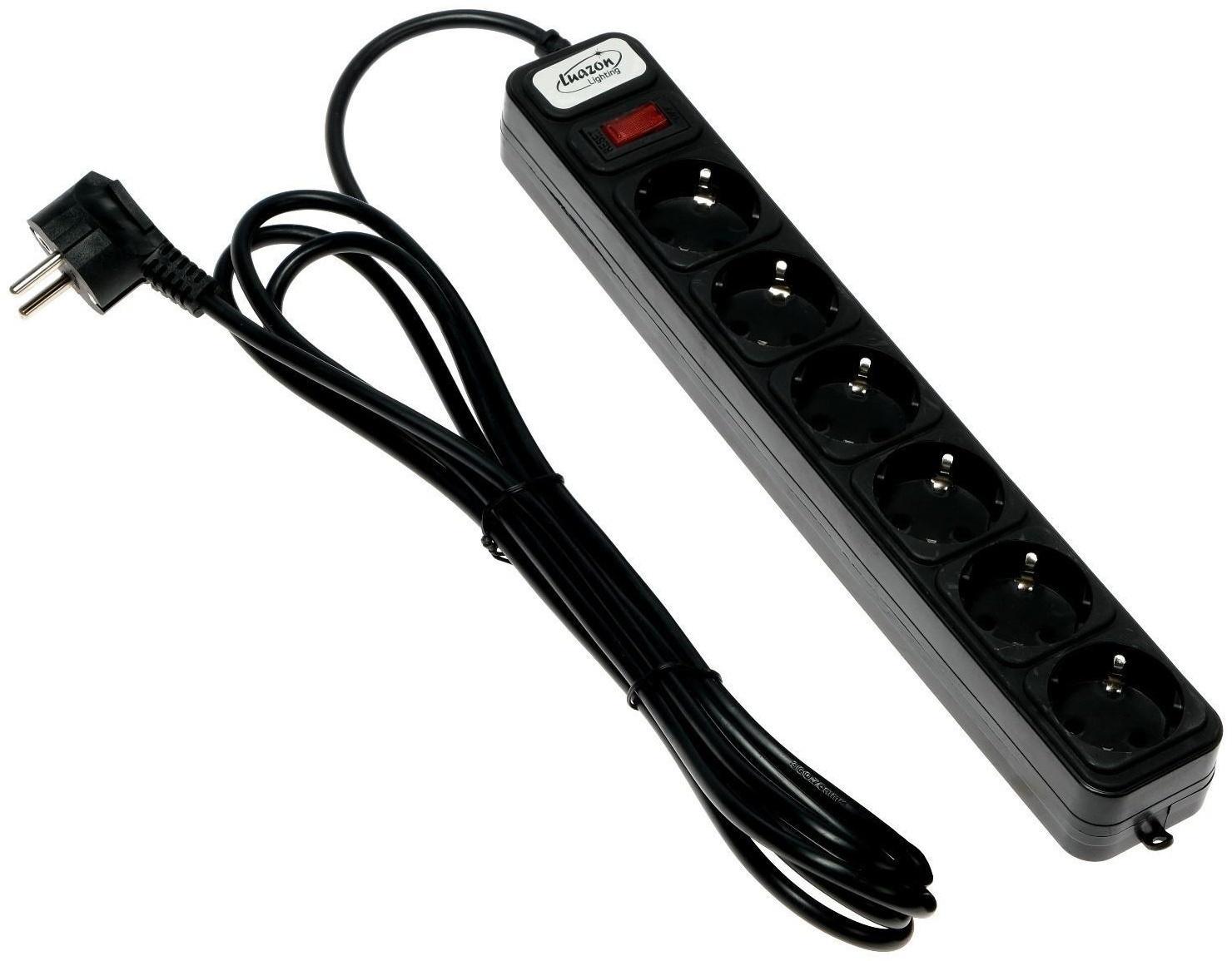 Сетевой фильтр Luazon Lighting, 6 розеток, 3 м, 2200 Вт, 3 х 0.75 мм2, 10 А, 220 В, черный