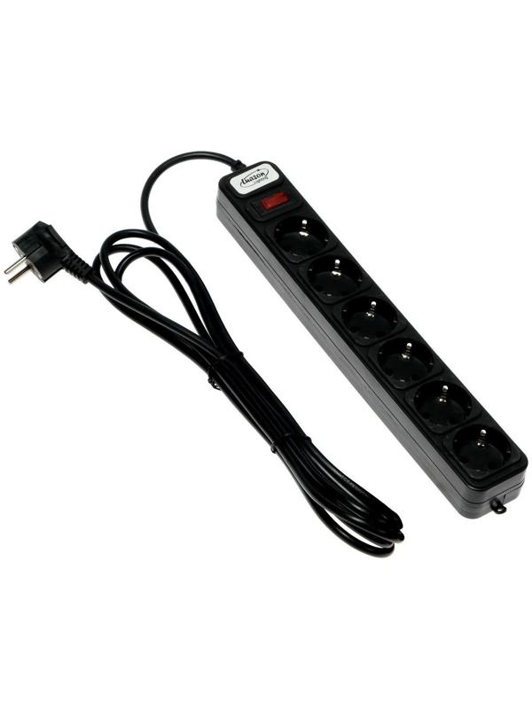 Сетевой фильтр Luazon Lighting, 6 розеток, 3 м, 2200 Вт, 3 х 0.75 мм2, 10 А, 220 В, черный