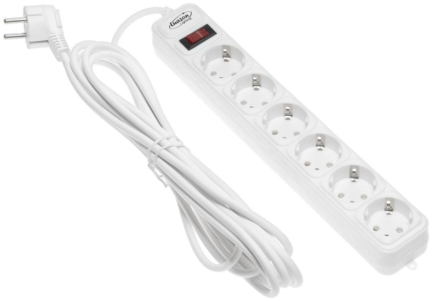 Сетевой фильтр Luazon Lighting, 6 розеток, 5 м, 2200 Вт, 3 х 0.75 мм2, 10 А, 220 В, белый