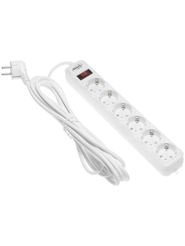 Сетевой фильтр Luazon Lighting, 6 розеток, 5 м, 2200 Вт, 3 х 0.75 мм2, 10 А, 220 В, белый