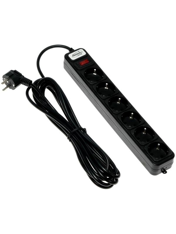 Сетевой фильтр Luazon Lighting, 6 розеток, 5 м, 2200 Вт, 3 х 0.75 мм2, 10 А, 220 В, черный
