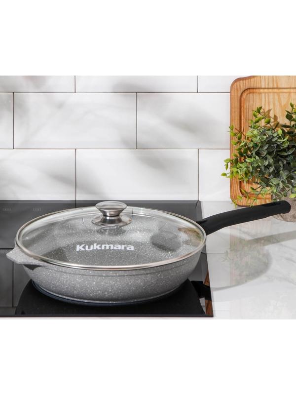 Сковорода, d=26 см, съёмная ручка, стеклянная крышка, антипригарное покрытие, цвет светлый мрамор