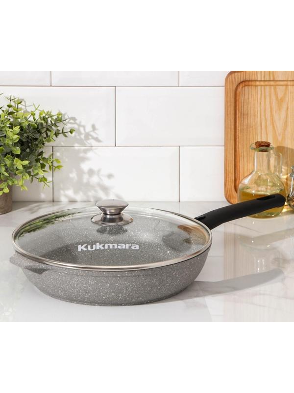 Сковорода, d=26 см, съёмная ручка, стеклянная крышка, антипригарное покрытие, цвет светлый мрамор