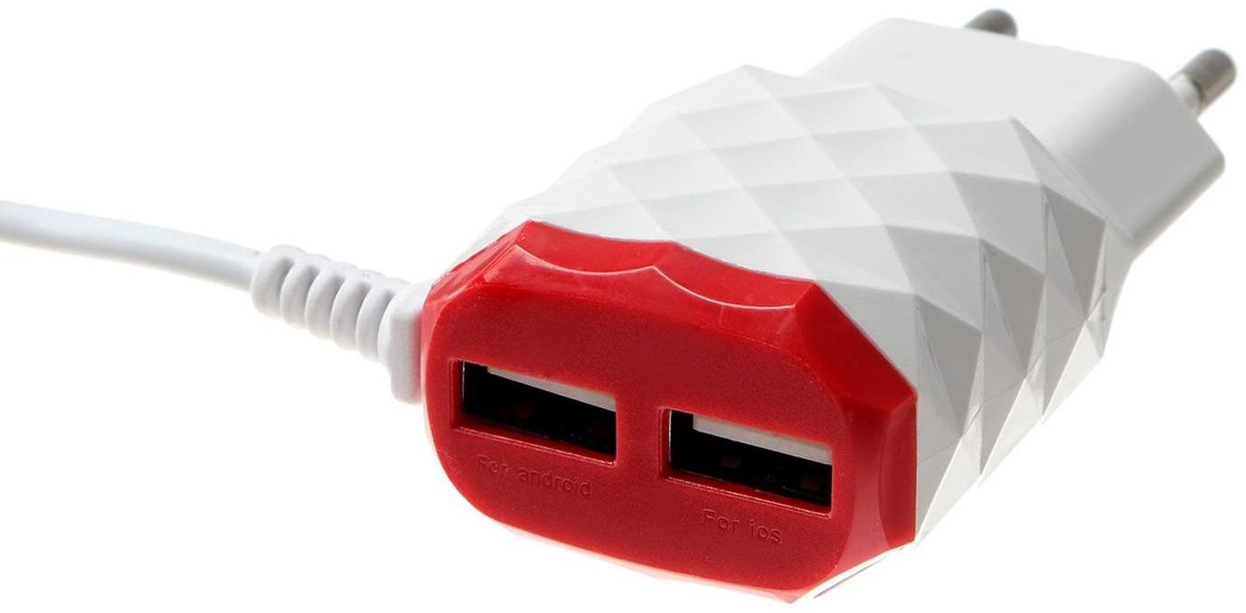 Сетевое зарядное устройство LuazON LCC-25, 2 USB, 1 А, кабель microUSB, красно-белое