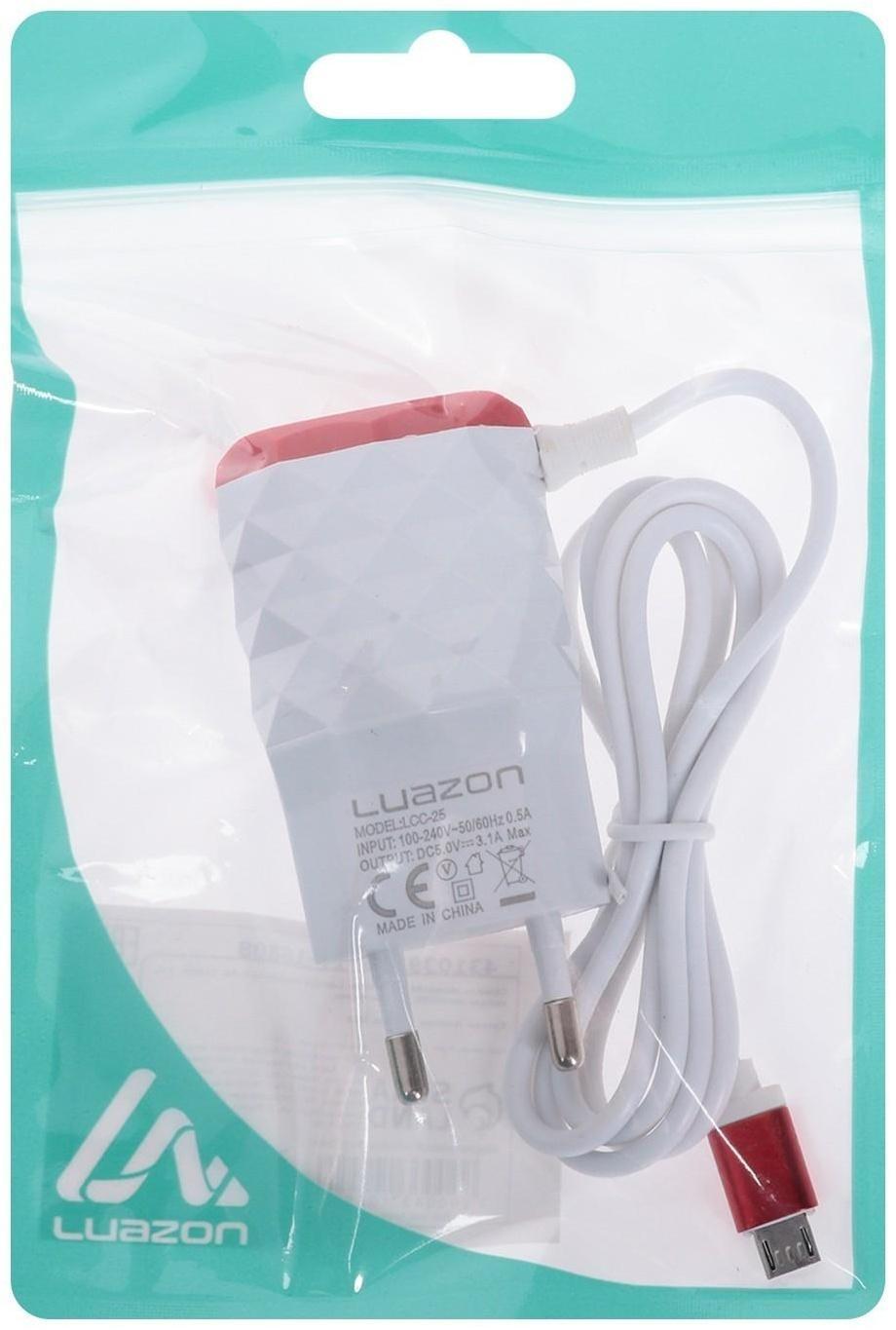 Сетевое зарядное устройство LuazON LCC-25, 2 USB, 1 А, кабель microUSB, красно-белое