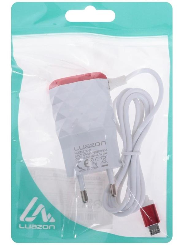 Сетевое зарядное устройство LuazON LCC-25, 2 USB, 1 А, кабель microUSB, красно-белое