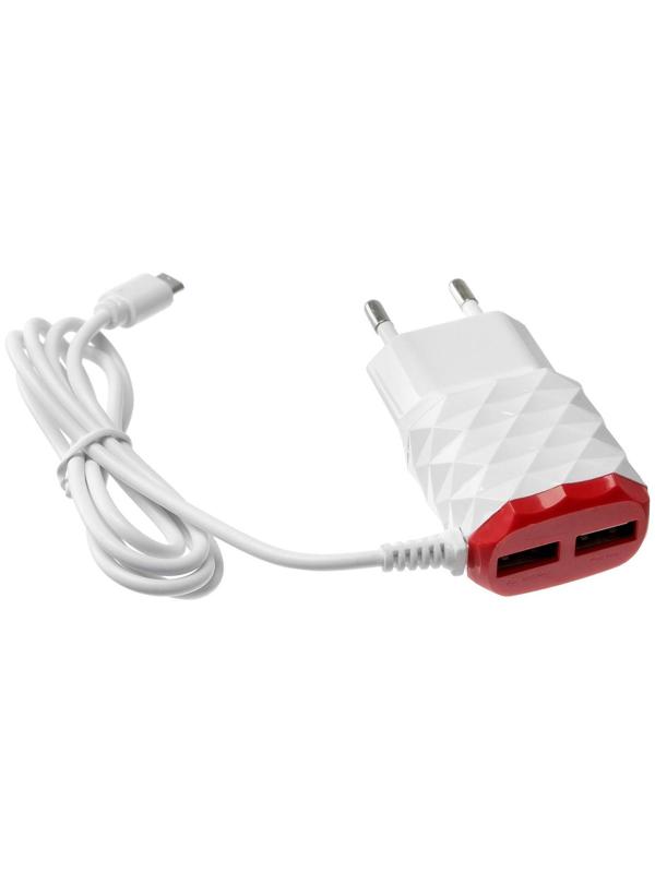 Сетевое зарядное устройство LuazON LCC-25, 2 USB, 1 А, кабель microUSB, красно-белое