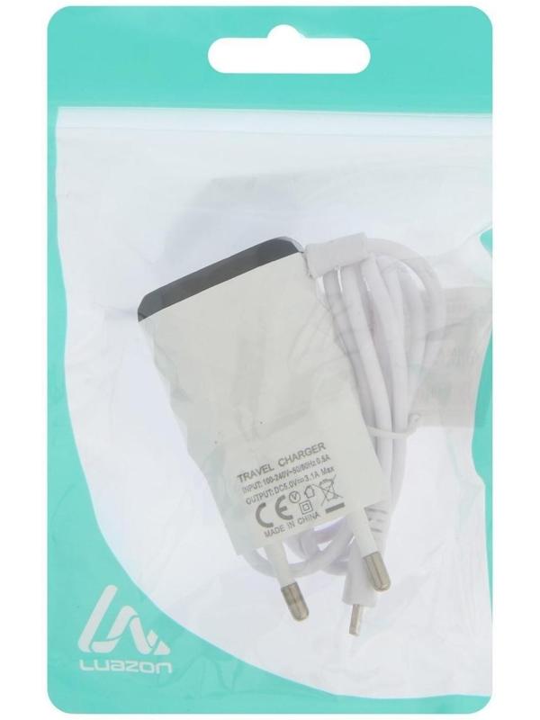 Сетевое зарядное устройство LuazON LCC-25, 2 USB, Lightning, 1 А, 1 м, черно-белое