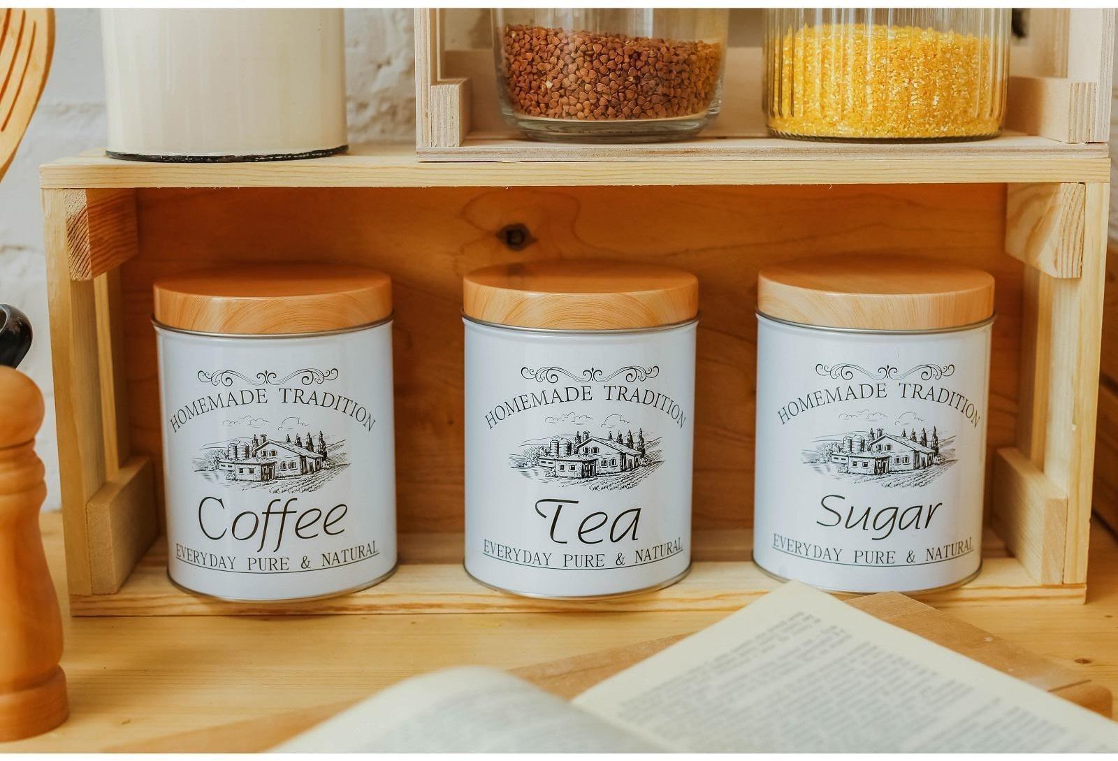 Набор банок для сыпучих продуктов Sugar.Coffee.Tea, 10,5×14 см, 3 шт, цвет белый