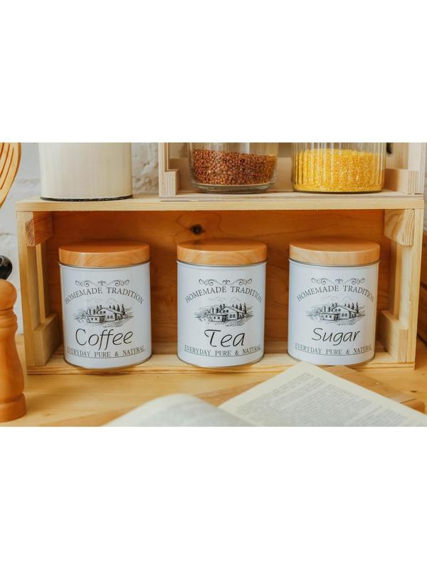 Набор банок для сыпучих продуктов Sugar.Coffee.Tea, 10,5×14 см, 3 шт, цвет белый