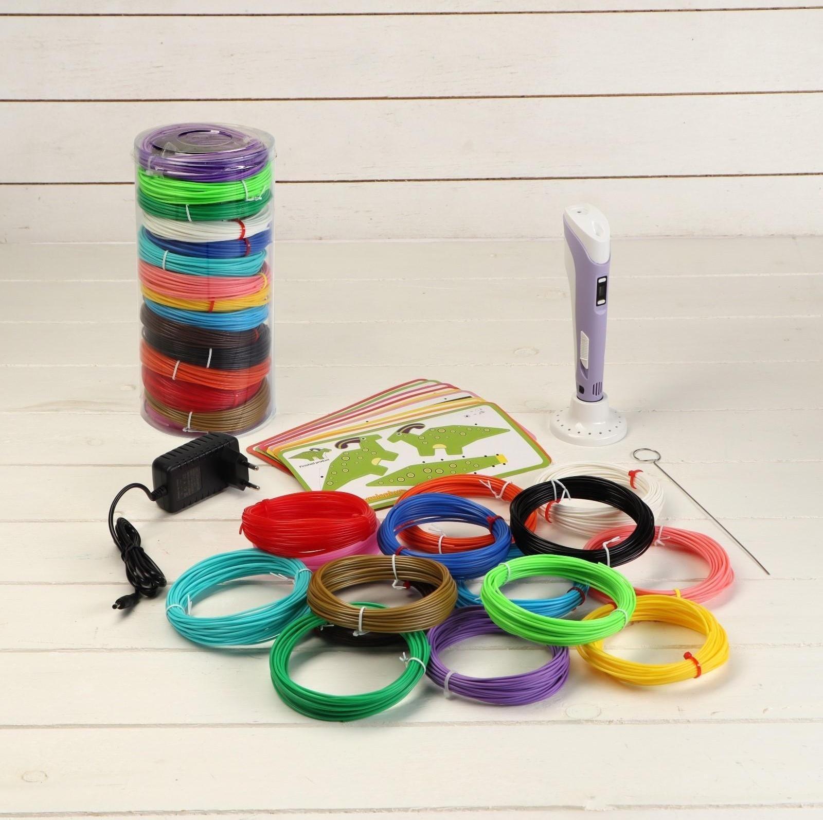 Комплект в тубусе 3Д ручка с дисплеем фиолетовая + пластик PLA 15 цветов по 10 метров