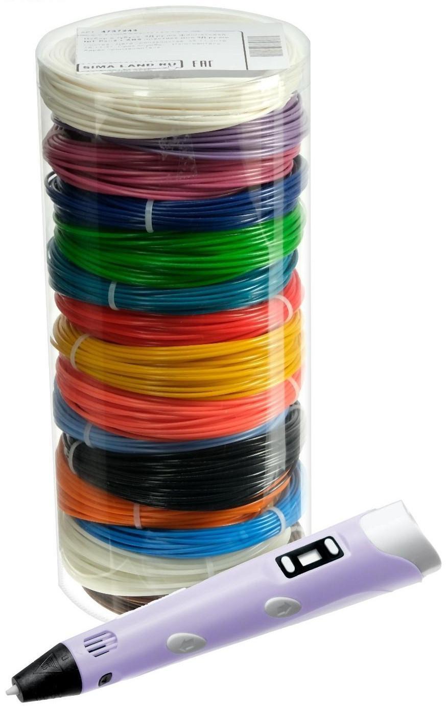 Комплект в тубусе 3Д ручка с дисплеем фиолетовая + пластик ABS 15 цв/10 м.+трафареты