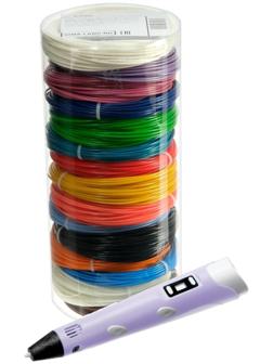 Комплект в тубусе 3Д ручка с дисплеем фиолетовая + пластик ABS 15 цв/10 м.+трафареты