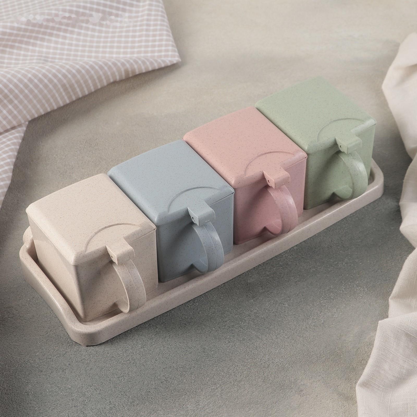 Набор банок для сыпучих продуктов на подставке, 4 шт с ложками, цвет МИКС