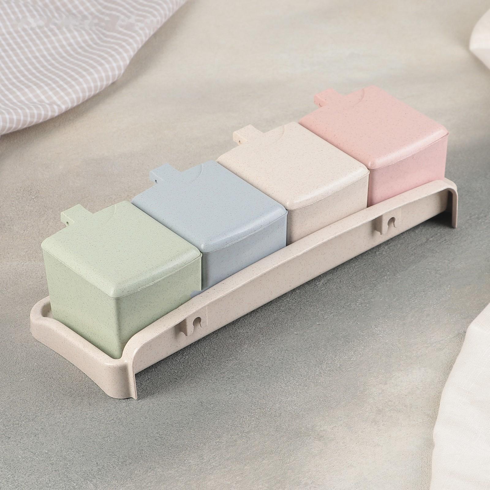 Набор банок для сыпучих продуктов на подставке, 4 шт с ложками, цвет МИКС