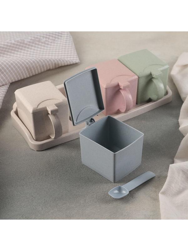 Набор банок для сыпучих продуктов на подставке, 4 шт с ложками, цвет МИКС