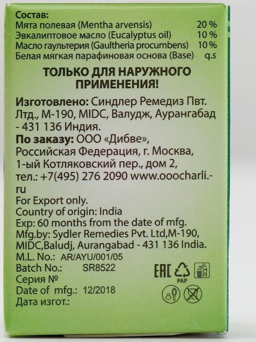 Аюрведический расслабляющий бальзам Долорон, от простуды и для суставов 10гр