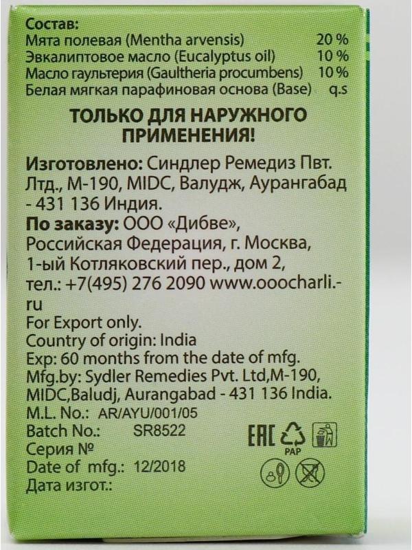 Аюрведический расслабляющий бальзам Долорон, от простуды и для суставов 10гр